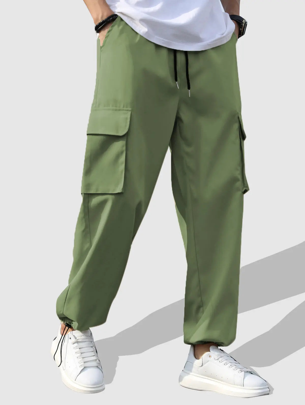 Mens Flap Pockets Drawstring Ankle Cargo Pants Kosyway