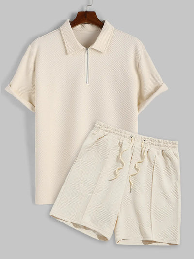 Mens Geometric Jacquard Polo Shirt and Shorts Sports Set Kosyway