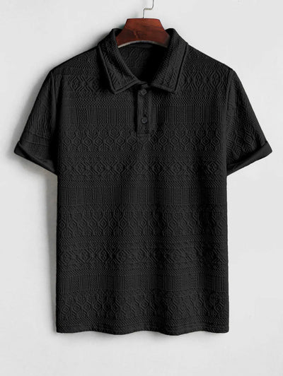 Mens Geometric Jacquard Quarter Button Polo Shirt Kosyway