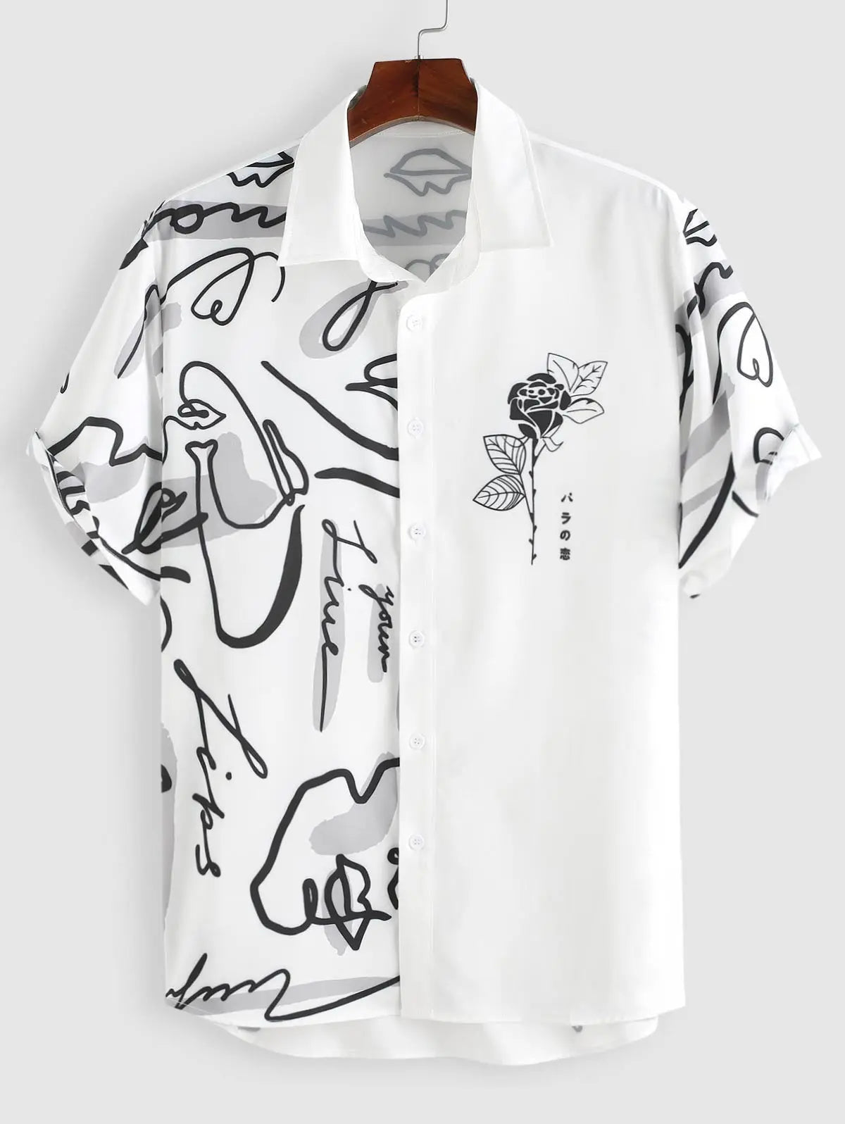 Mens Graffiti Rose Printed Short Sleeves Shirt Kosyway