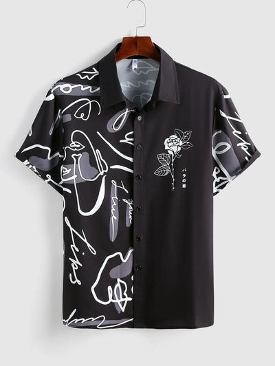 Mens Graffiti Rose Printed Short Sleeves Shirt Kosyway