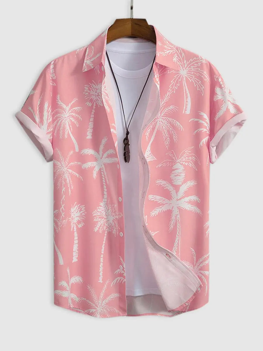 Mens Palm Tropical Print Beach Vacation Shirt Kosyway