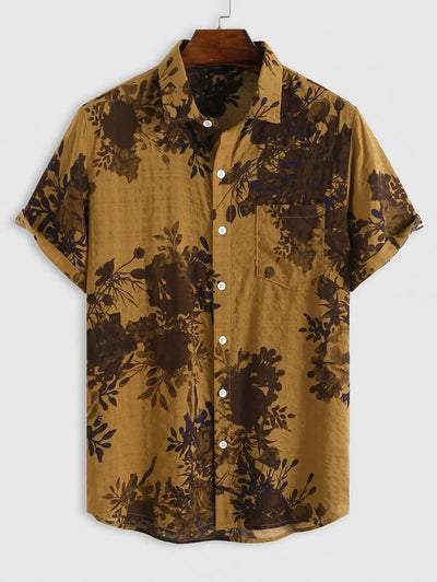 Mens Retro Floral Leaf Print Cotton Vacation Shirt Kosyway