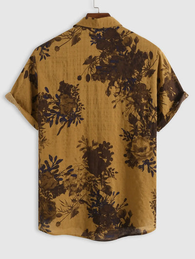 Mens Retro Floral Leaf Print Cotton Vacation Shirt Kosyway