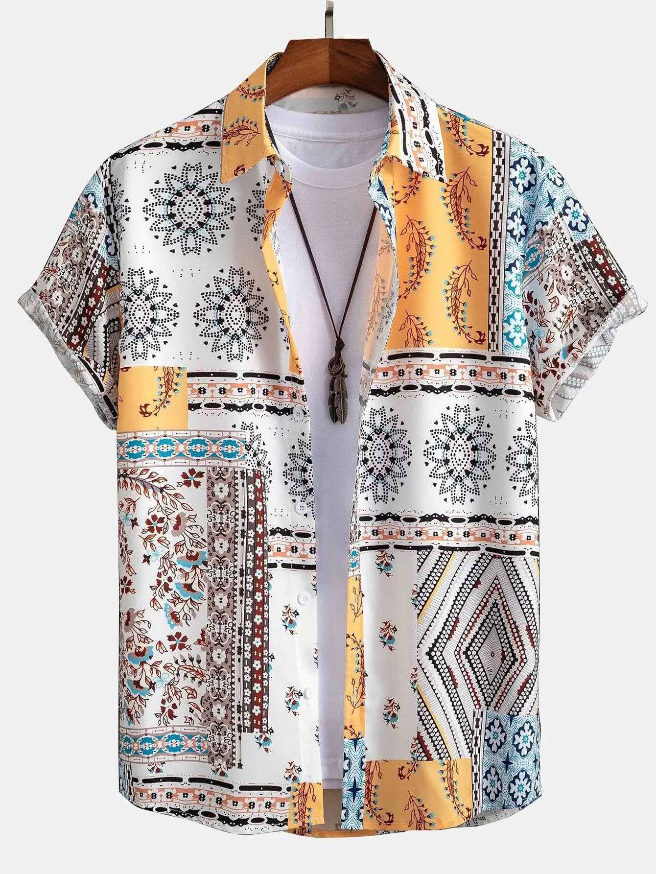 Mens Retro Floral Print Patternblock Beach Vacation Shirt Kosyway