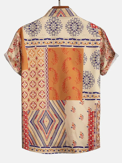 Mens Retro Floral Print Patternblock Beach Vacation Shirt Kosyway