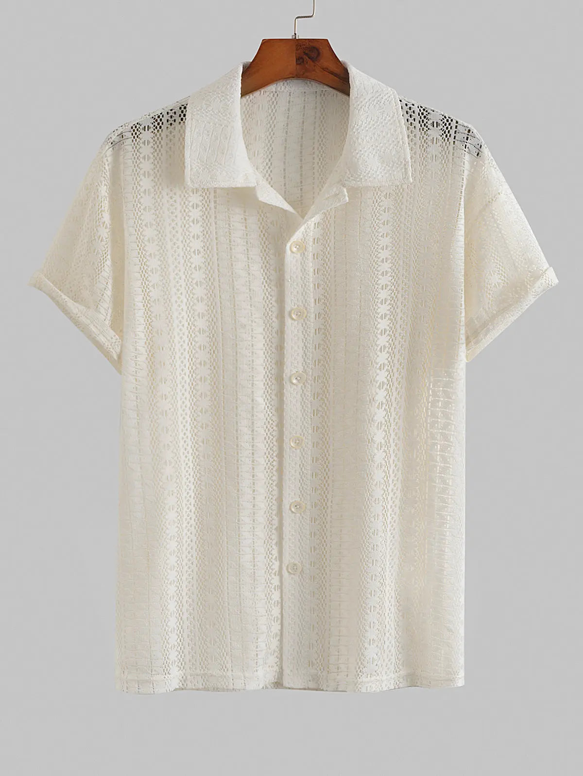 Mens Sexy Lace Sheer Openwork Short Sleeves Shirt Kosyway