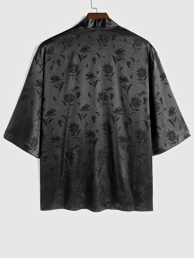 Mens Silky Satin Rose Printed Kimono Kosyway