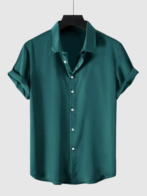 Mens Solid Color Satin Casual Shirt Kosyway