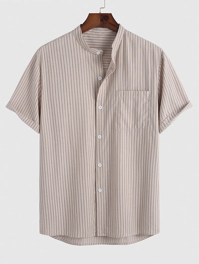 Mens Stand Collar Striped Casual Shirt Kosyway