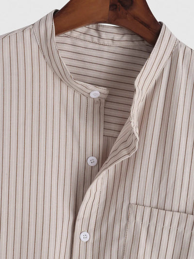 Mens Stand Collar Striped Casual Shirt Kosyway