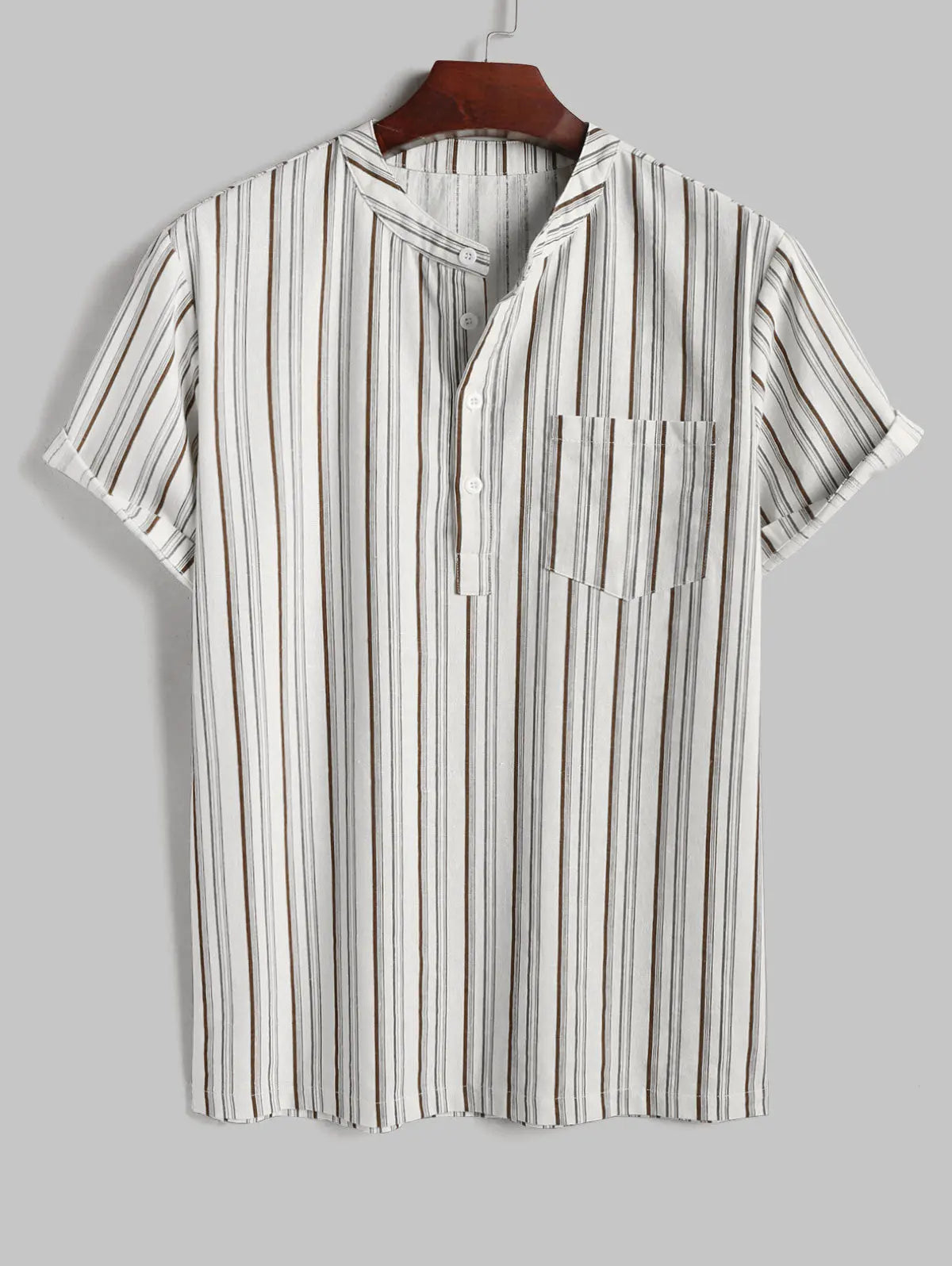 Mens Striped Linen Half Button Pullover Shirt Kosyway