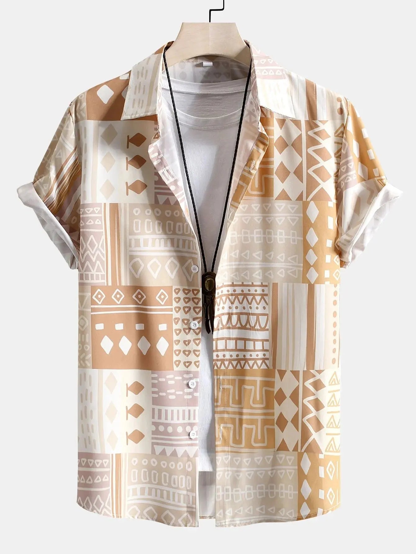 Mens Tribal Geometric Patchwork Print Button Up Shirt Kosyway