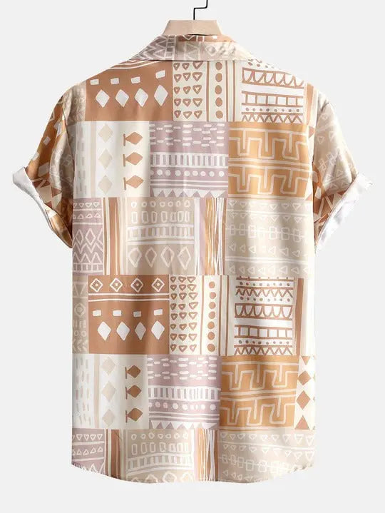 Mens Tribal Geometric Patchwork Print Button Up Shirt Kosyway