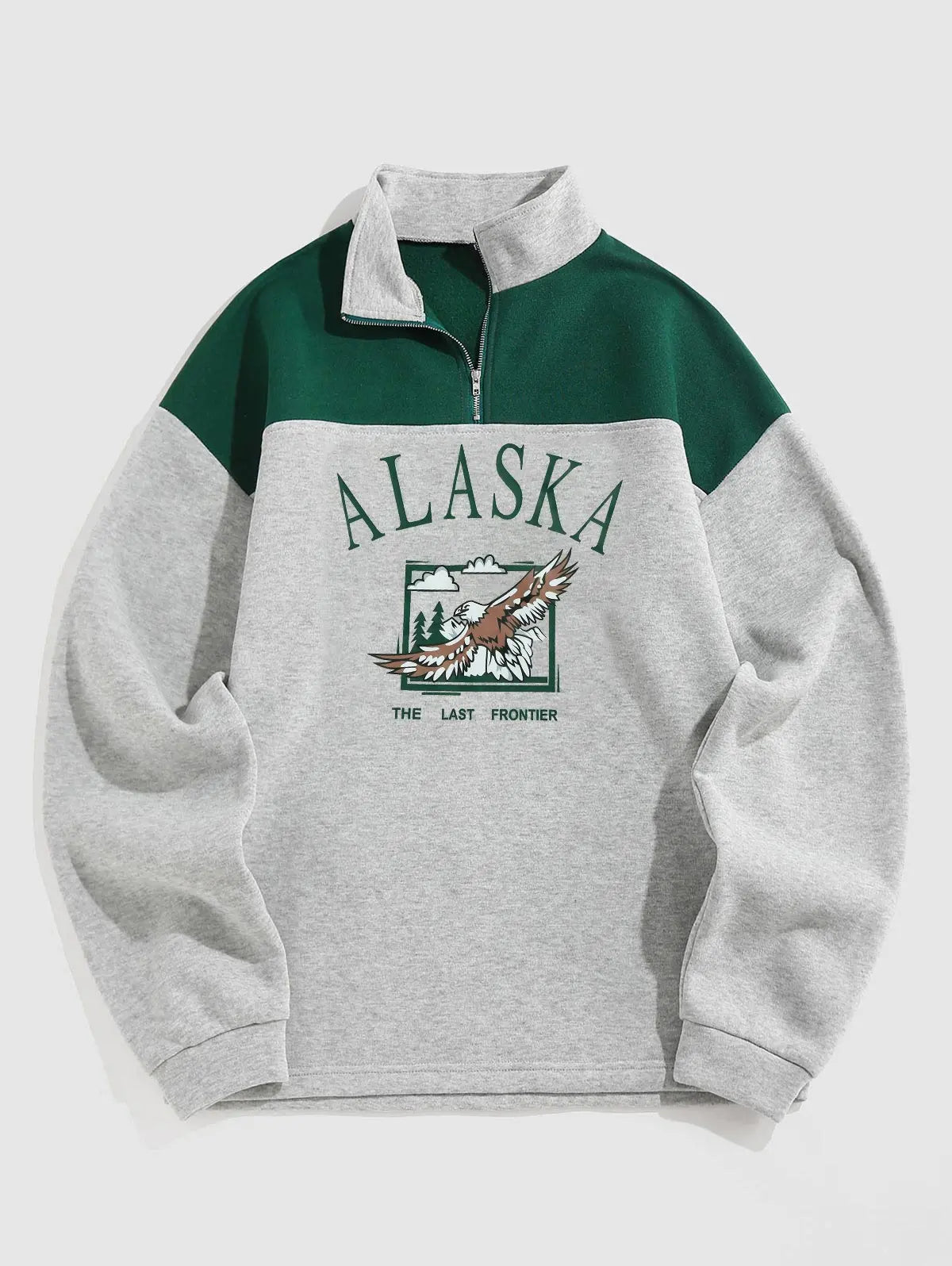 Mens Vintage Eagle Printed Colorblock Fleece Quarter Zip Sweatshirt Kosyway