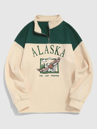 Mens Vintage Eagle Printed Colorblock Fleece Quarter Zip Sweatshirt Kosyway