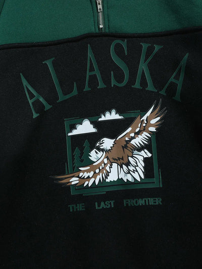 Mens Vintage Eagle Printed Colorblock Fleece Quarter Zip Sweatshirt Kosyway