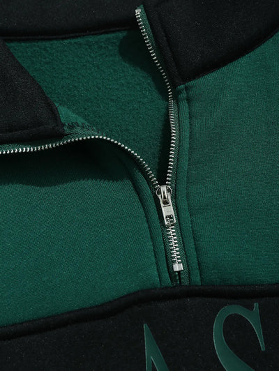 Mens Vintage Eagle Printed Colorblock Fleece Quarter Zip Sweatshirt Kosyway