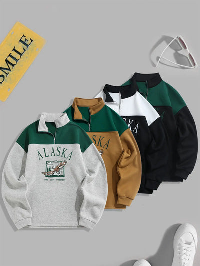 Mens Vintage Eagle Printed Colorblock Fleece Quarter Zip Sweatshirt Kosyway