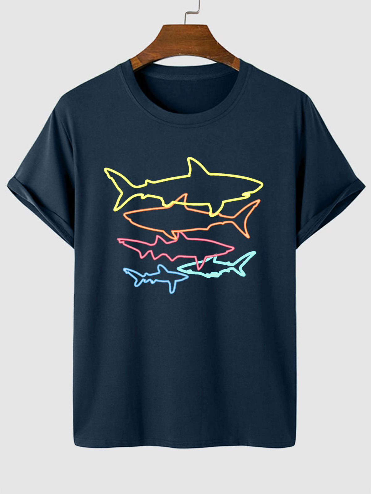 Men's Colorful Shark Fish Pattern Printed Crew Neck Short Sleeves T-shirt