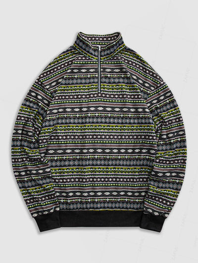 Men's Vintage Ethnic Print Quarter Zip Long Sleeve Stand Collar Pullover Sweatshirt Kosyway