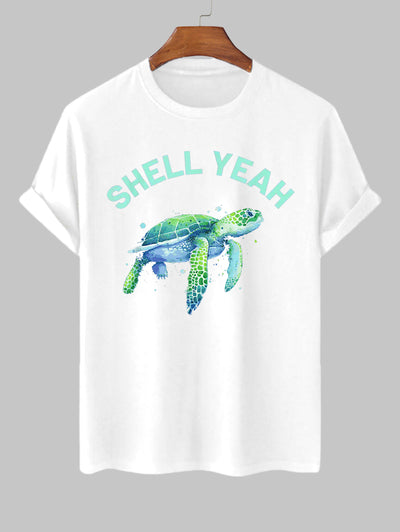 Men's SHELL YEAH Letter Turtle Printed Crew Neck Short Sleeves T-shirt