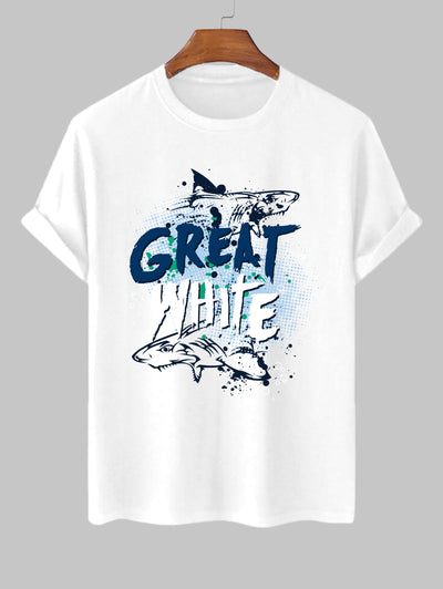 Men's Great White Shark Letter Graphic Printed Crew Neck Short Sleeves T-shirt