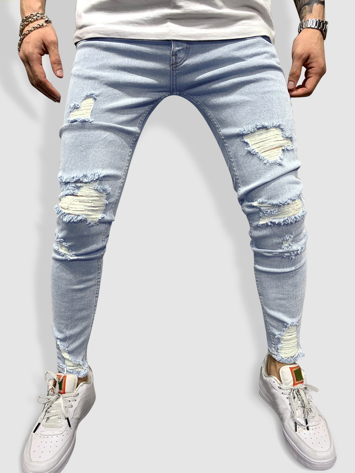 Mens Casual Ripped Frayed Tapered Jeans