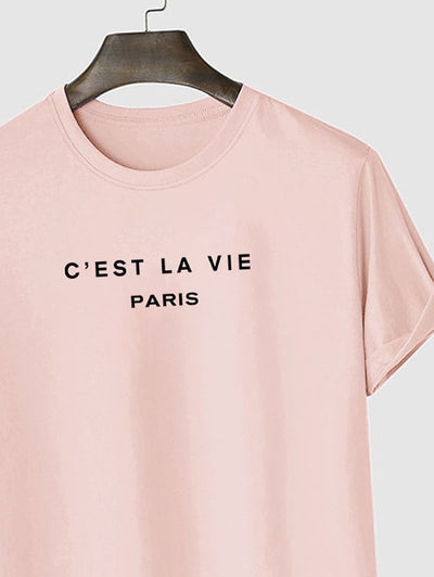 Mens C'EST LA VIE Letter Printed Casual T-shirt