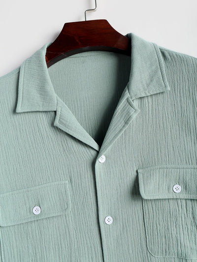 Chemise décontractée en seersucker boutonnée avec poches cargo pour hommes