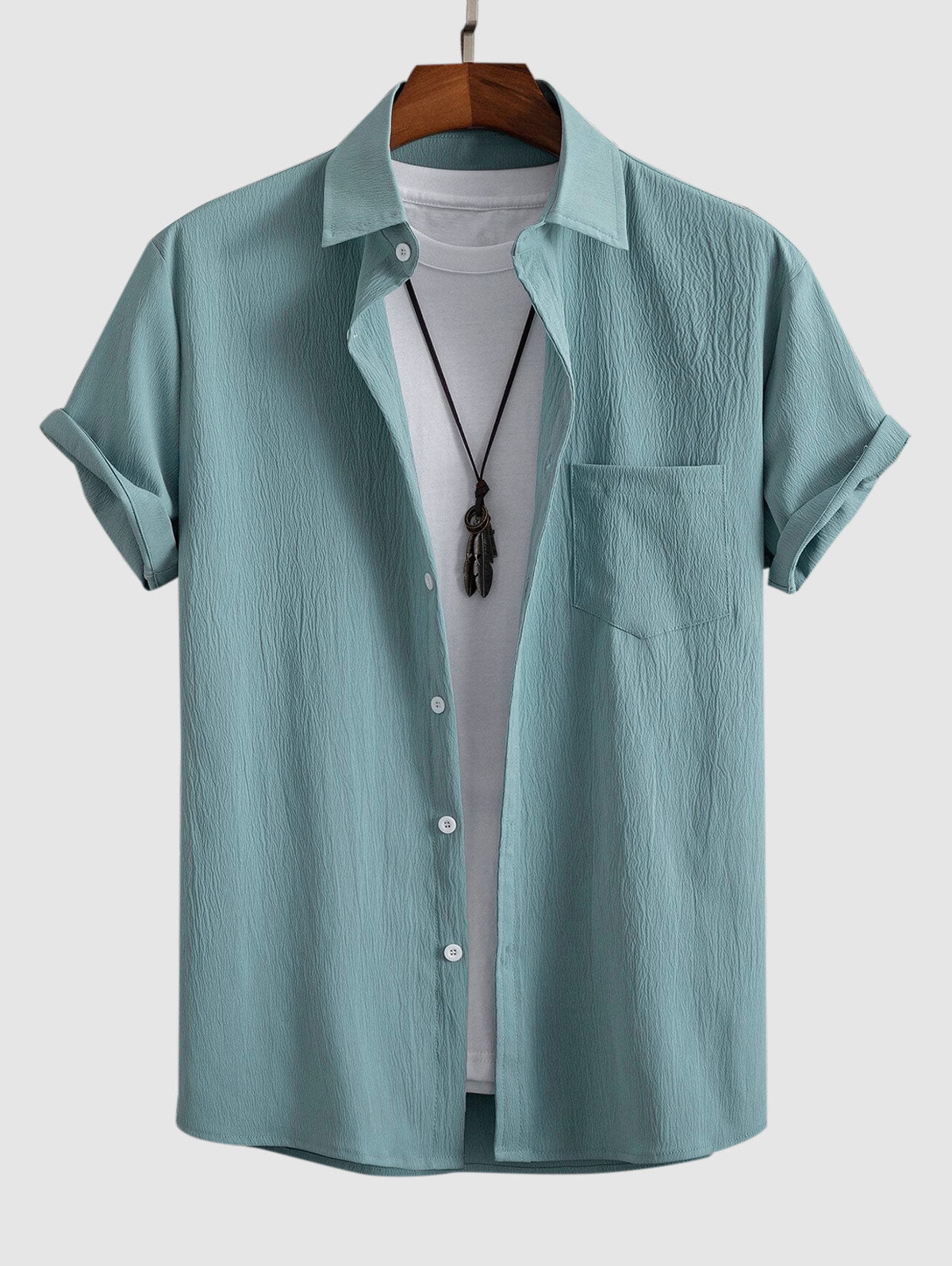 Mens Solid Color Textured Short Sleeves Shirt