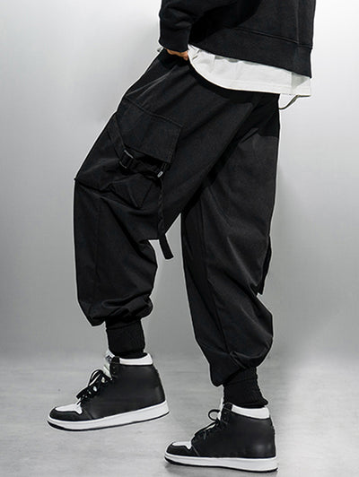 Solid Color Large Pocket Strap Design Streetwear Cargo Pants