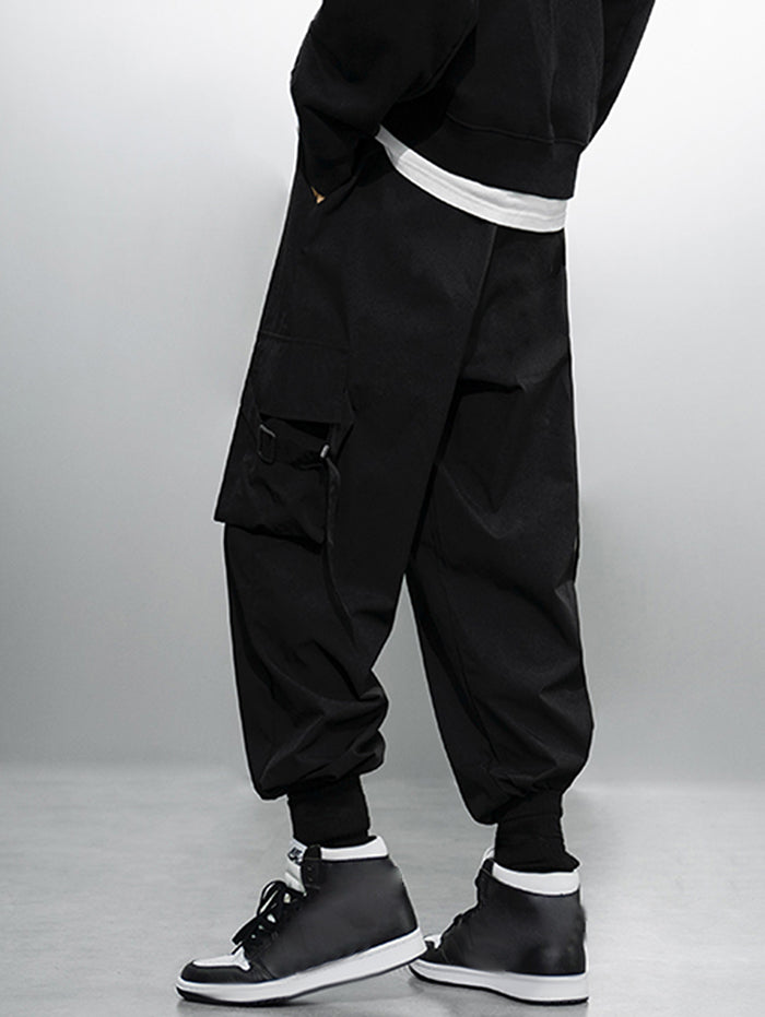 Solid Color Large Pocket Strap Design Streetwear Cargo Pants Kosyway