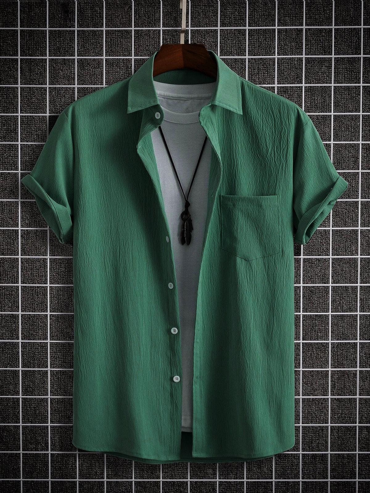 Mens Solid Color Textured Short Sleeves Shirt