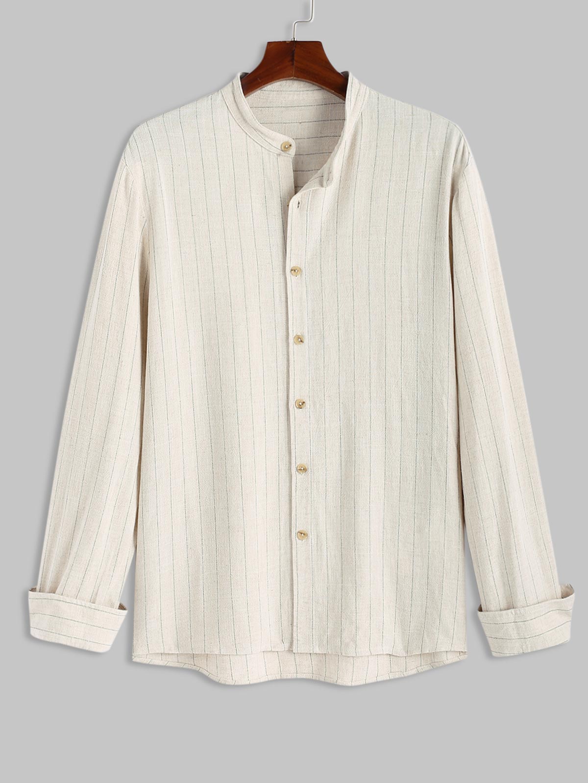 Men's Daily Casual Linen Textured Pinstriped Stand Collar Long Sleeve Button Up Shirt Kosyway