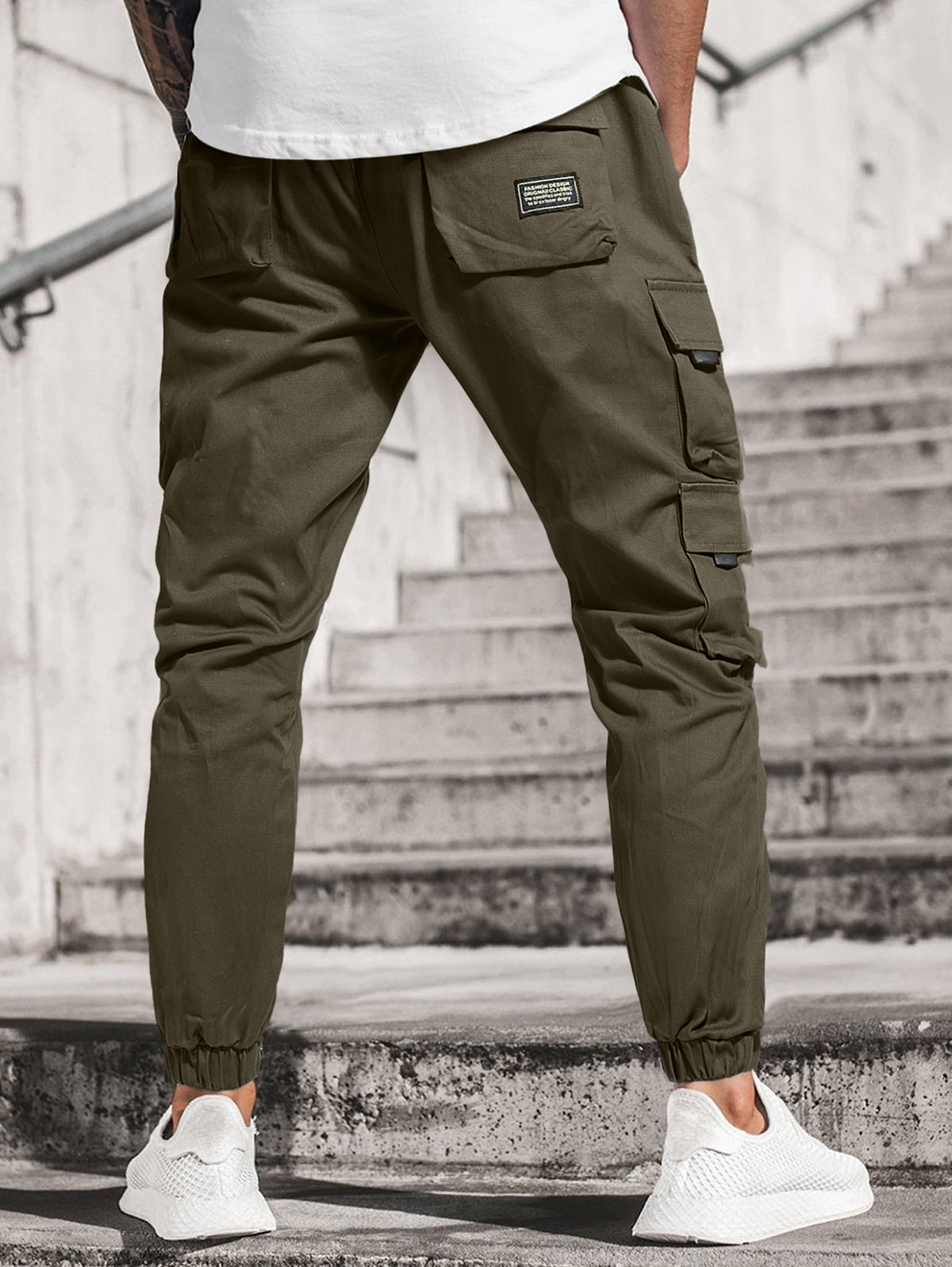 Men's Streetwear Daily Letter Patched Design Multi-pocket Drawstring Beam Feet Cargo Pants Kosyway