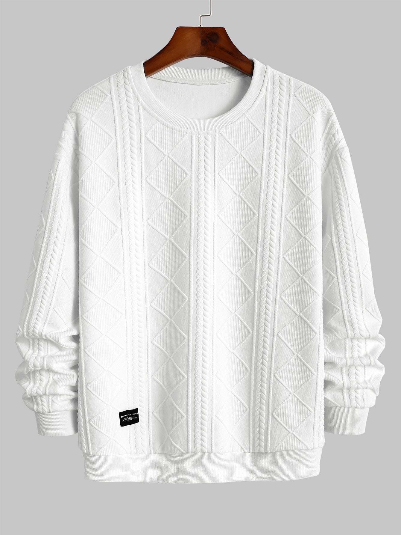 Men's Daily Casual Cable Knit Rhombus Jacquard Crew Neck Patched Design Long Sleeve Pullover Sweatshirt Kosyway