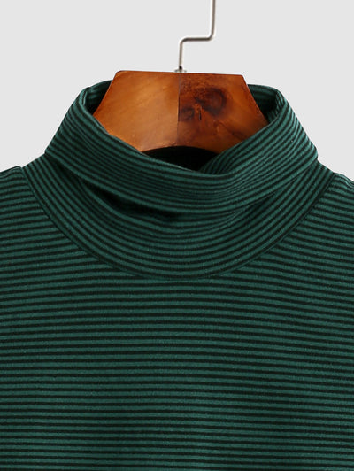 Men's Turtleneck Striped Fuzzy Long Sleeves Thermal T Shirt