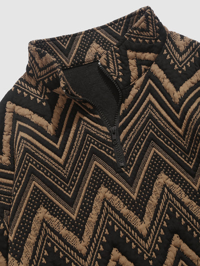 Men's Front Pocket Mock Neck Ethnic Style Zig Zag Jacquard Textured Quarter Zip Sweatshirt