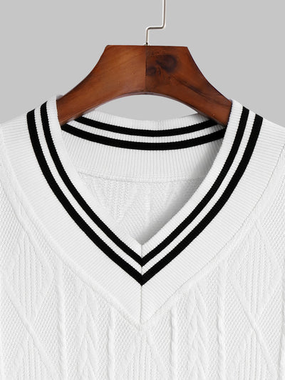 Men's V Neck Striped Geometric Cricket Sweater