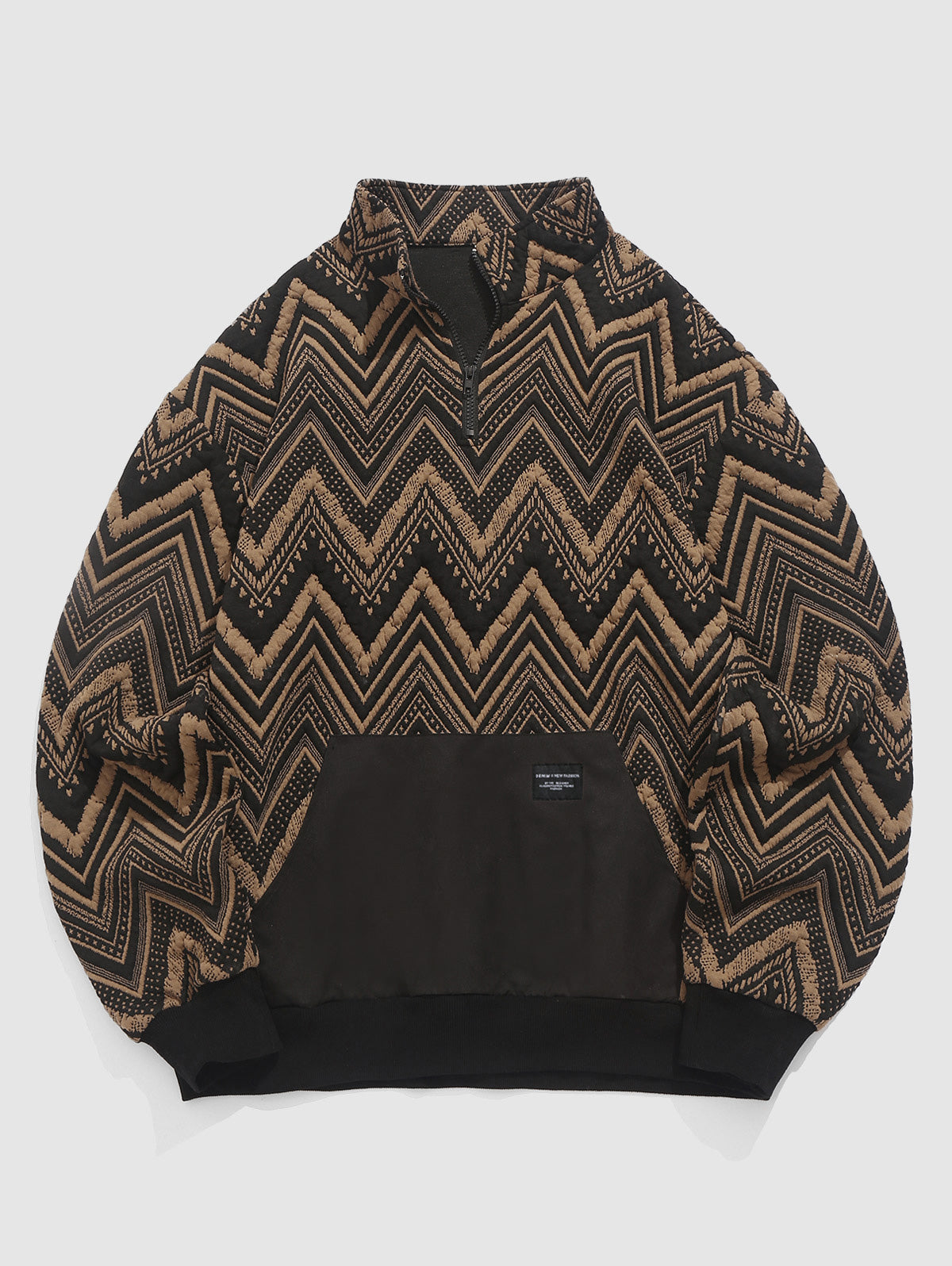 Men's Front Pocket Mock Neck Ethnic Style Zig Zag Jacquard Textured Quarter Zip Sweatshirt