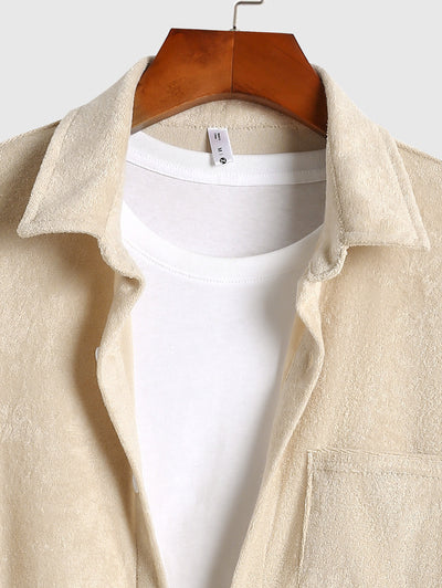 Men's Solid Color Fuzzy Terry Cloth Front Pocket Long Sleeves Shirt