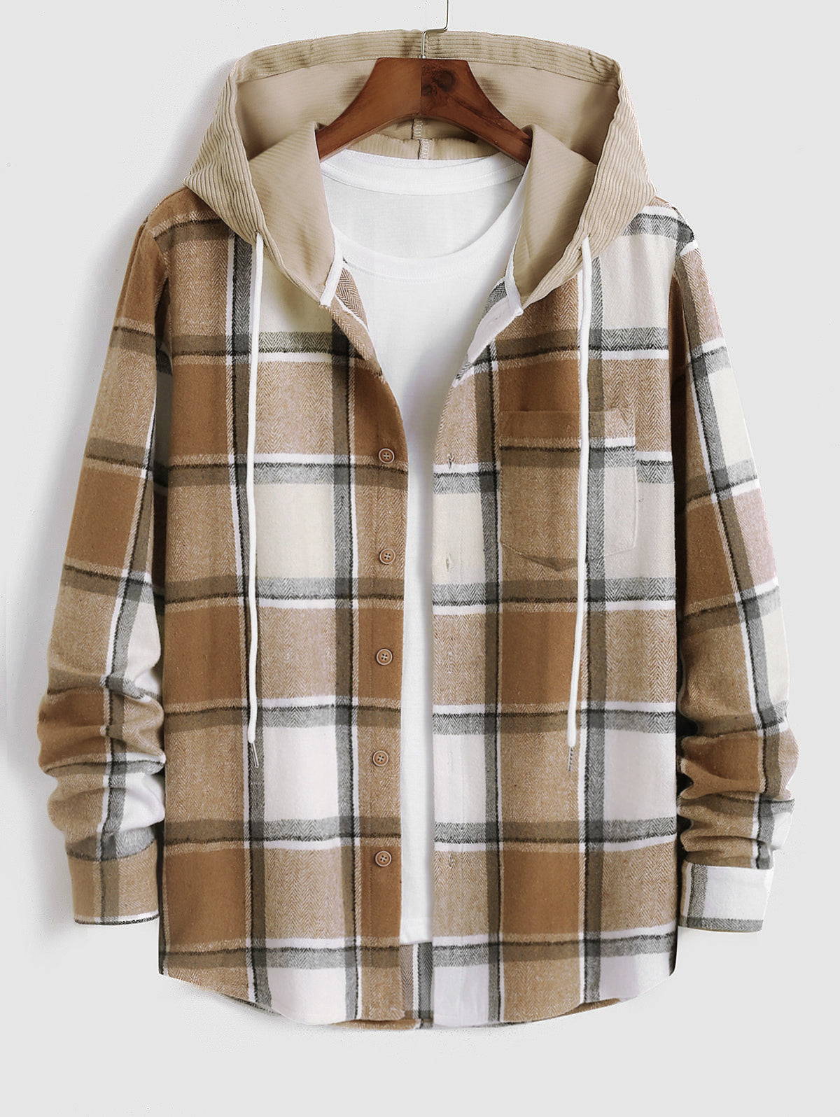 Men's Daily Plaid Flannel Corduroy Hooded Button Up Drawstring Pocket Long Sleeve