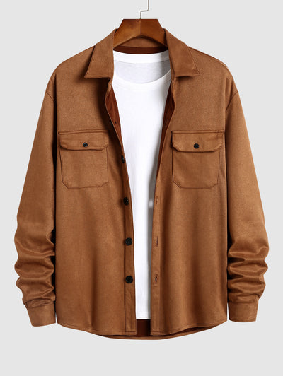 Men's Faux Suede Pocket Solid Color Long Sleeves Shirt