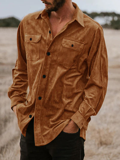 Men's Faux Suede Pocket Solid Color Long Sleeves Shirt