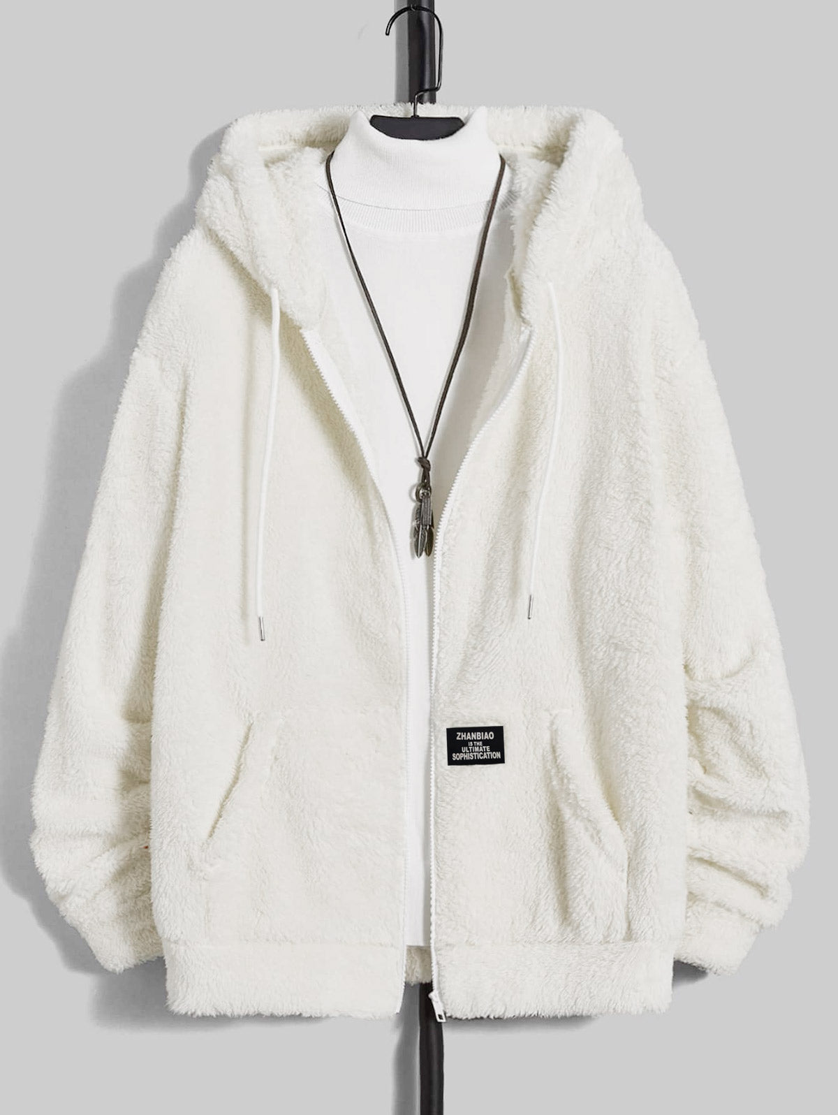 Men's Basic Style Solid Color Fluffy Teddy Fleece Front Pocket Zip Fly Hooded Jacket