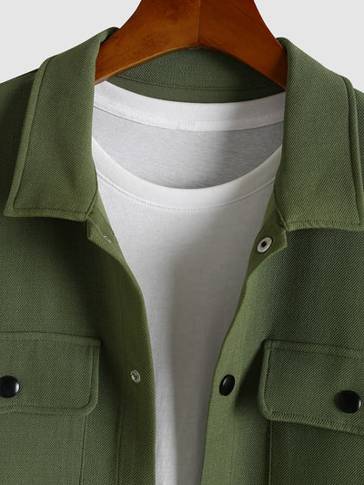 Men's Plain Color Twill Textured Front Pockets Design Turn-down Collar Jacket Kosyway