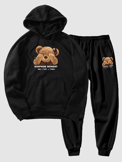 Men's Cartoon Bear Letter Graphic Pattern Kangaroo Pocket Fleece-lined Hoodie and Beam Feet Drawstring Jogger Pants Set