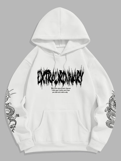 Men's Oriental Letter Dragon Graphic Printed Thermal Fleece-lined Kangaroo Pocket Pullover Hoodie