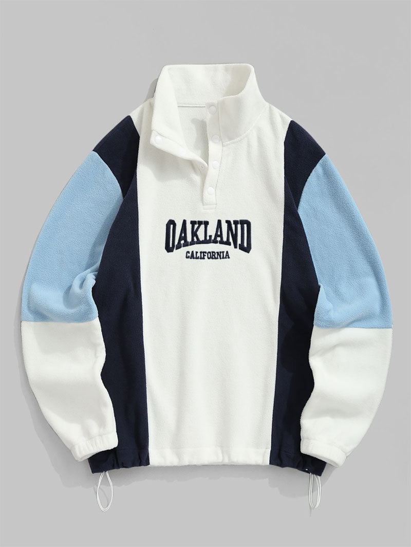 Kosyway Men's Colorblock OAKLAND Embroidered Button Design Fuzzy Polar Fleece Pullover Sweatshirt